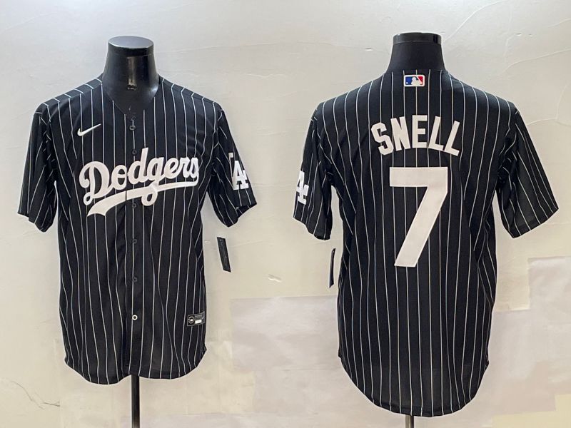 Men Los Angeles Dodgers 7 Snell Black Stripe Jointly Name 2025 Nike MLB Jersey style 1